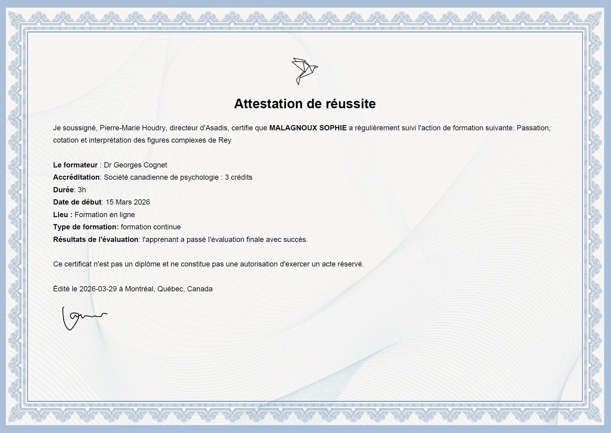 Mon attestation de réussite aux Figures Complexes de Rey