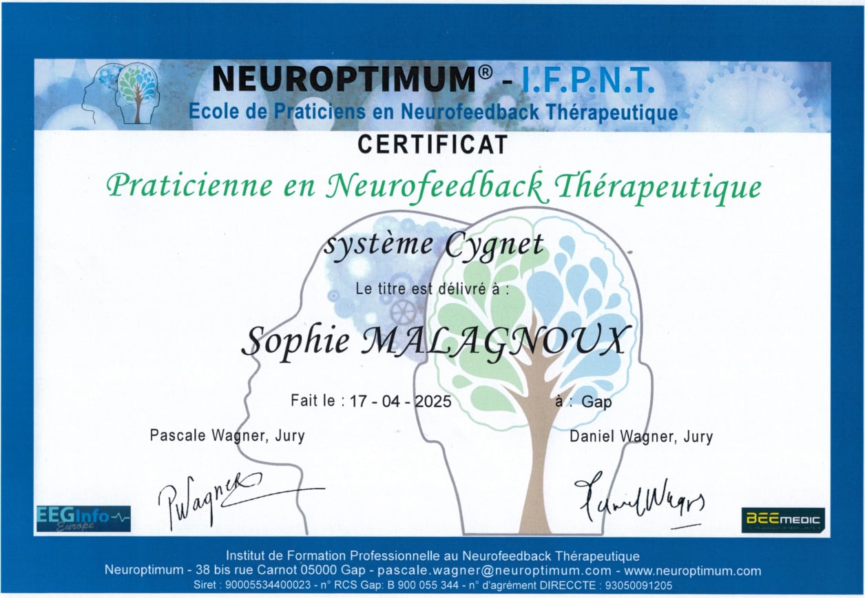 Mon diplôme de praticienne en Neurofeedback Thérapeutique Cygnet